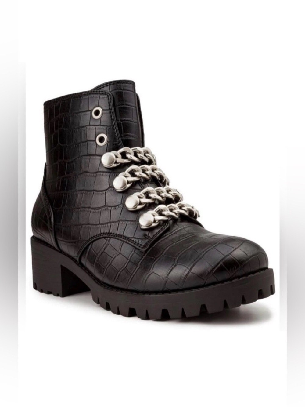 Sugar Obvi Black Croc Embossed Chain Combat Boots Size 6.5 - Side Zip Lug Sole